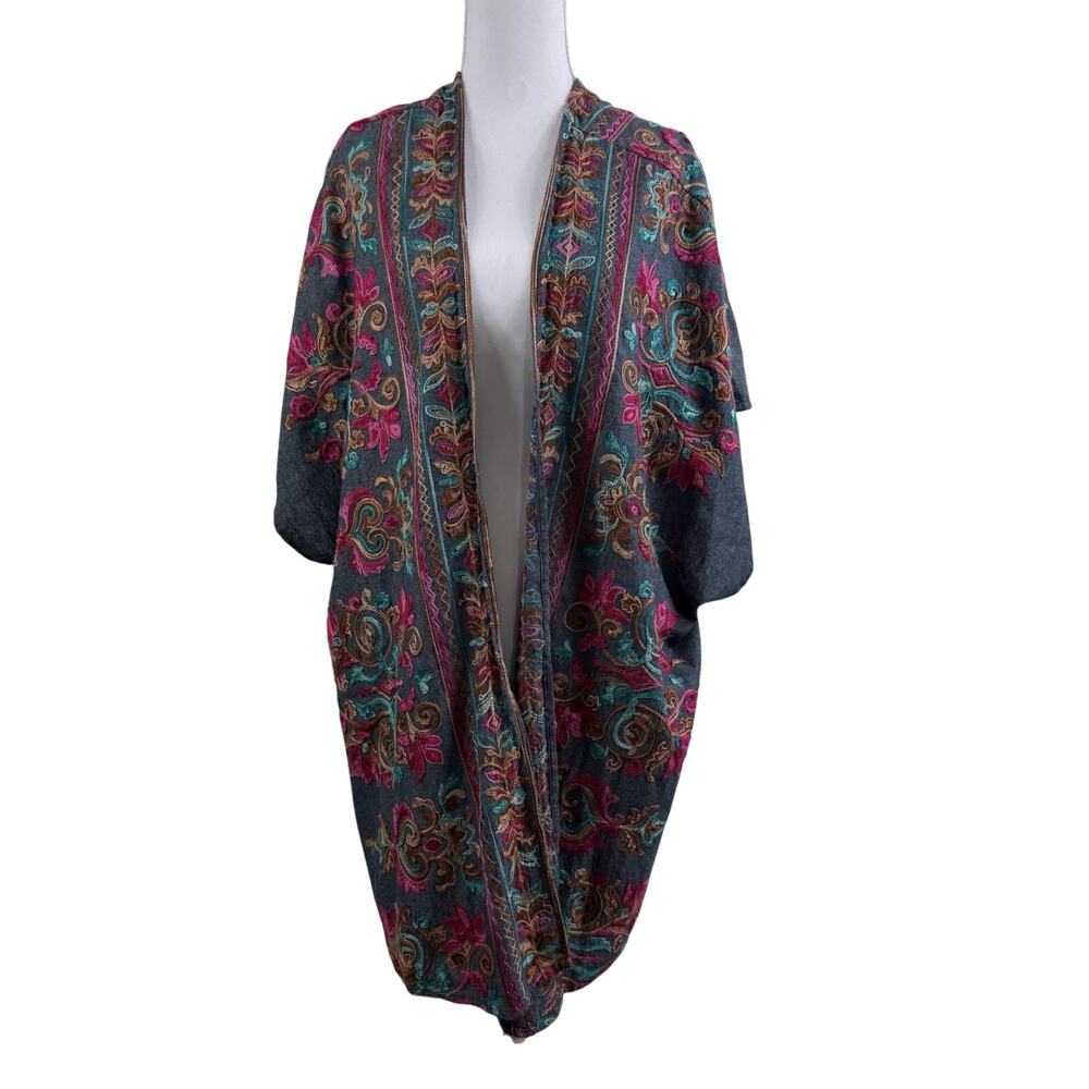 Umgee Chambray Heavily Embroidered Kimono-Style Duster Top S/M Open Front Boho